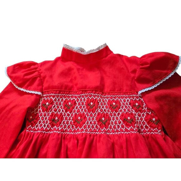 Polly Flinders Vintage Hand Smocked Dresss Girls Size 4 Red - Picture 3 of 5